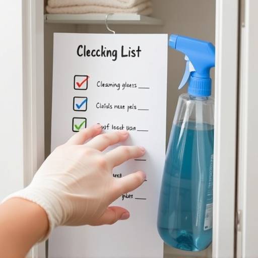 A hand checking off items on a room-by-room cleaning checklist, representing organized cleaning.