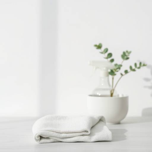 A minimalist cleaning setup featuring a spray bottle, microfiber cloth, and plant, symbolizing simple cleaning.