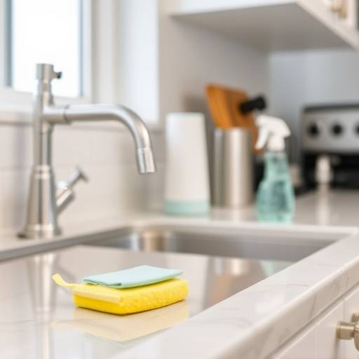 A neatly organized kitchen countertop with a sponge and cleaning spray, embodying the daily reset concept.