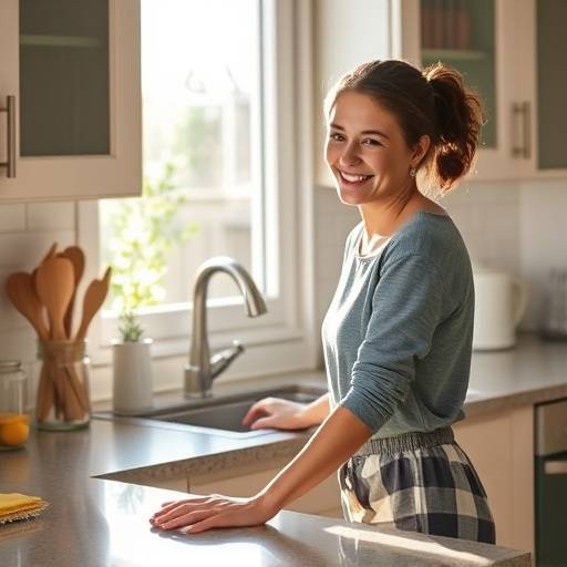 A woman happily cleaning her kitchen counter, with cleaning supplies and a sparkling clean surface visible.