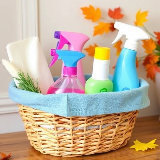 An organized cleaning supplies basket, depicting seasonal deep cleaning preparation.