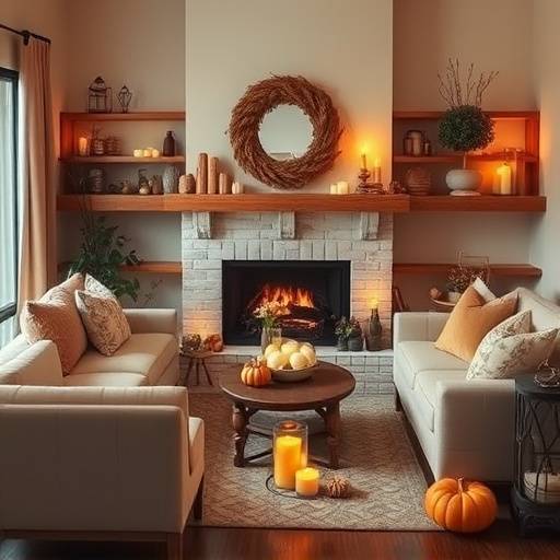 Image of a cozy living room with fall decorations like pumpkins and candles
