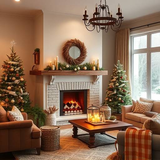 Image of a warm, inviting living room with a fireplace and winter decorations