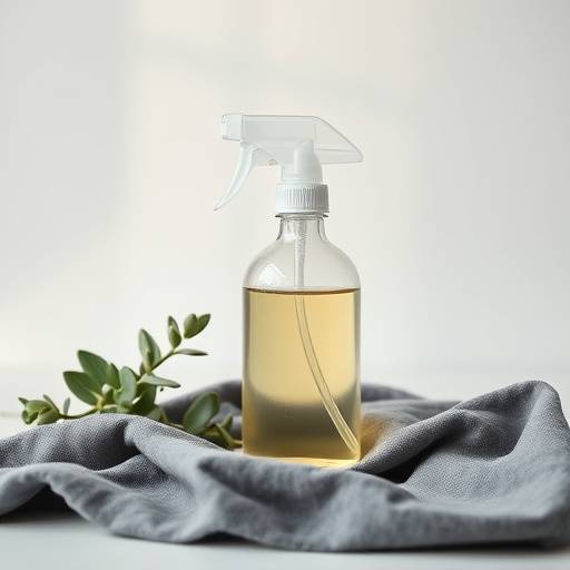 Minimalist cleaning setup with spray bottle, microfiber cloth, and plant