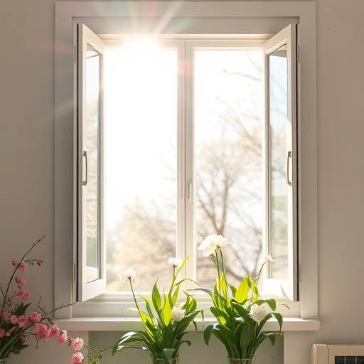 Open window with sunlight and fresh flowers, symbolizing spring cleaning